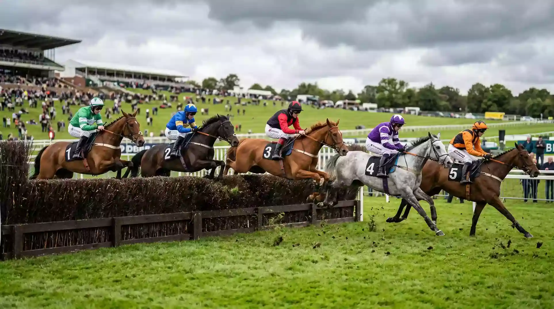 Horses jumping a fence during the Cheltenham Festival with grandstands in the background