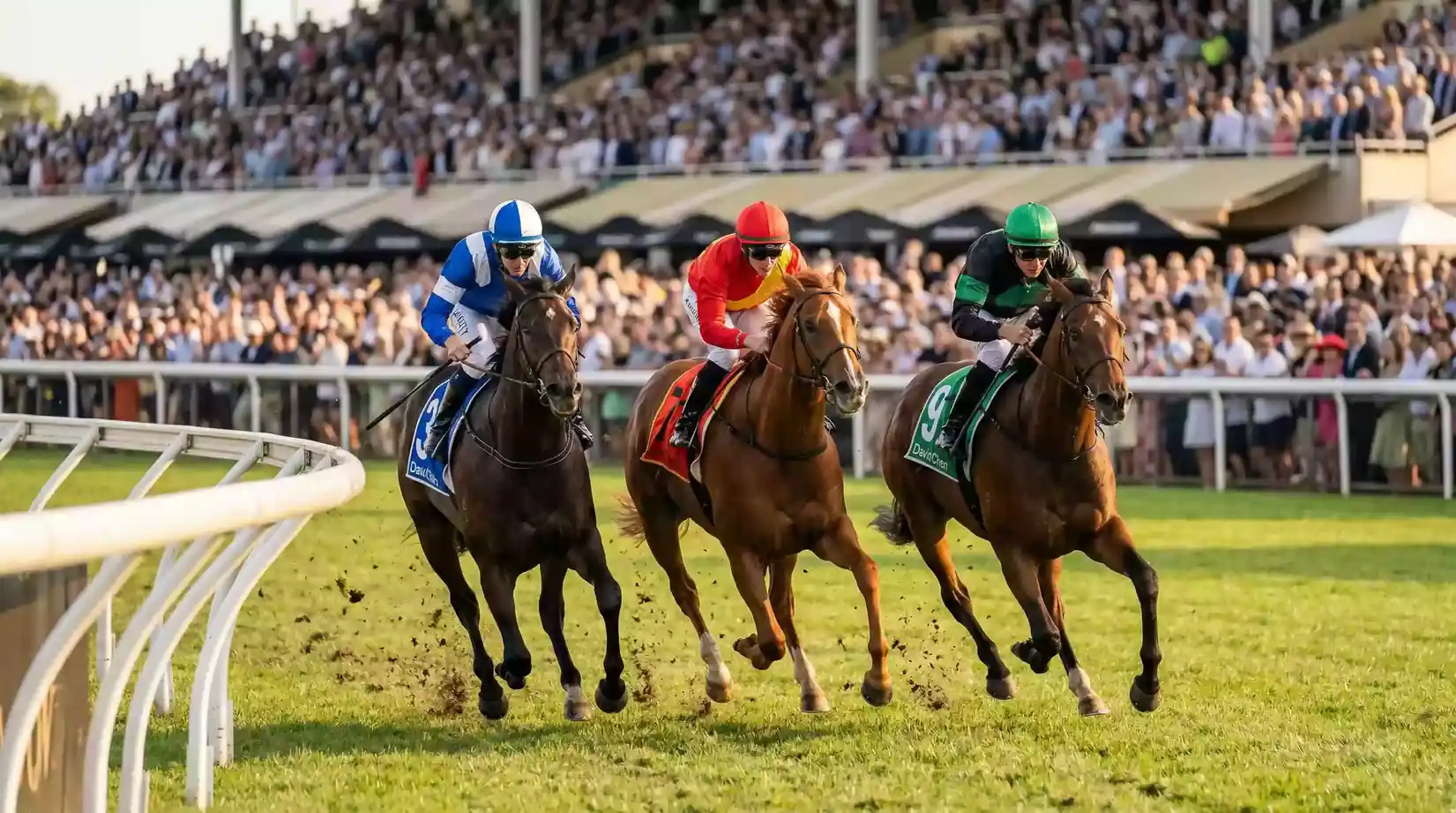 Runners rounding the final bend at a British racecourse on a spring afternoon