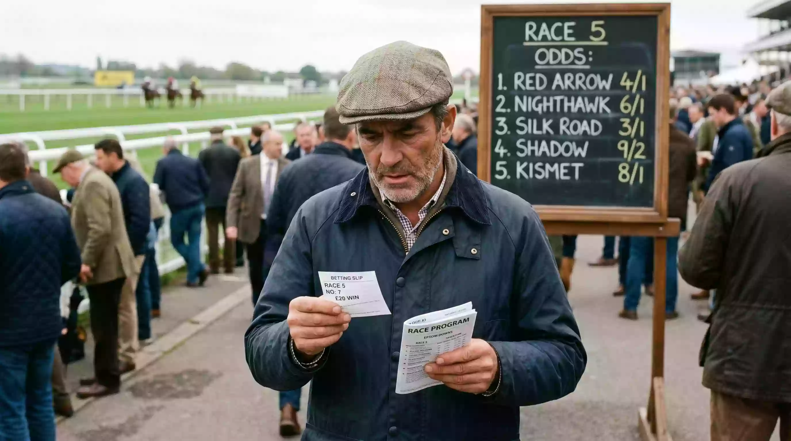 Punter studying a bet slip at a British racecourse betting ring